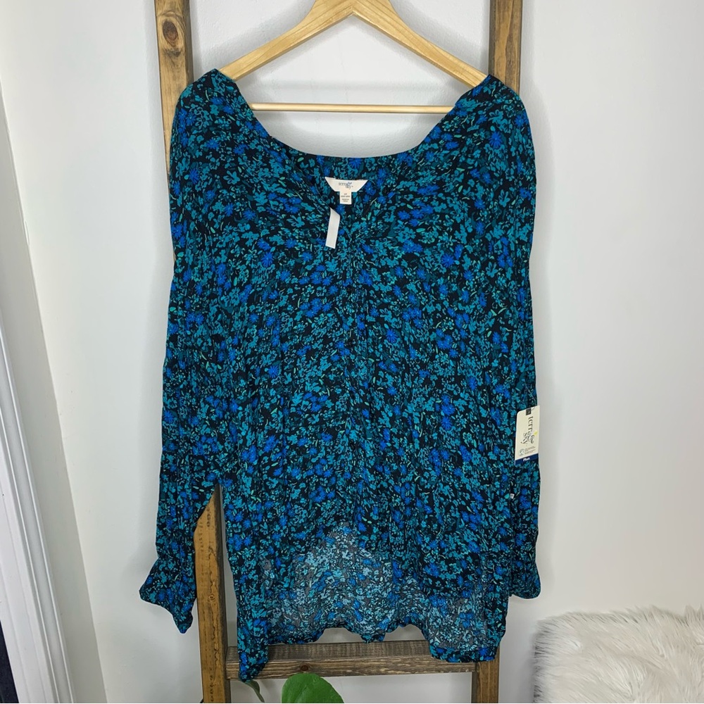 Terra & Sky Blue Floral Button Down Top